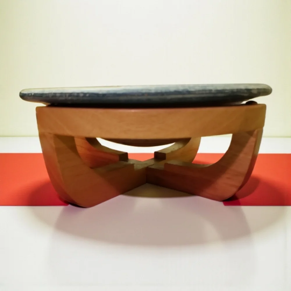 Vtg Heavy Ceramic Etched Bowl W/Wooden Stand